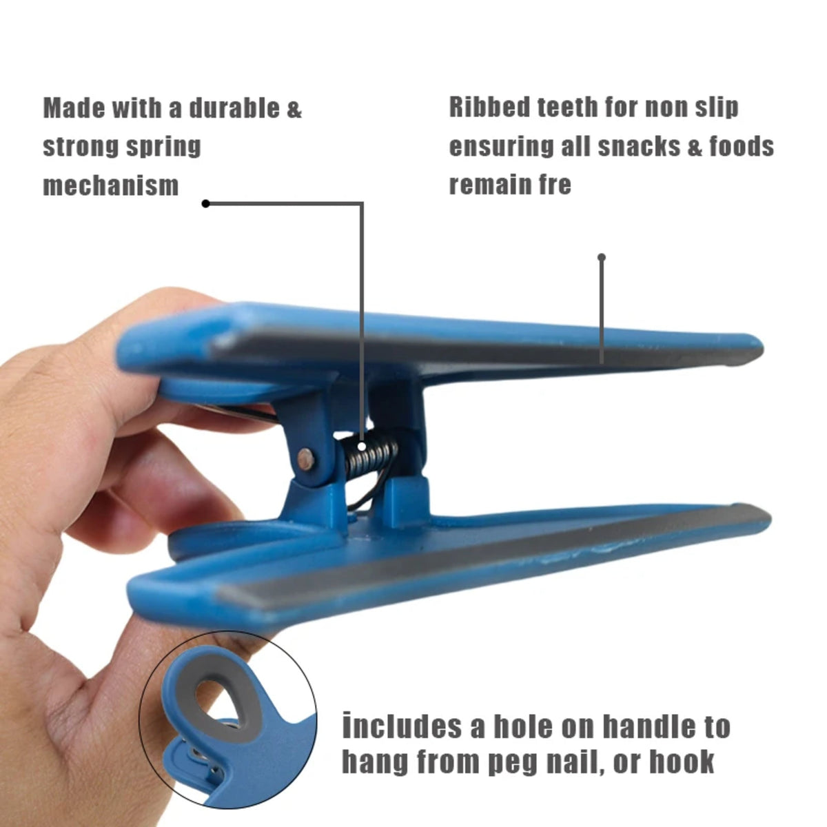 Blue 4-piece bag clip set by Dura Living, kitchen tools for sealing and organizing food bags.