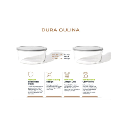 Four grey glass storage containers with lids, 6.55-cup capacity, part of Dura Living 4-piece round glassware set.