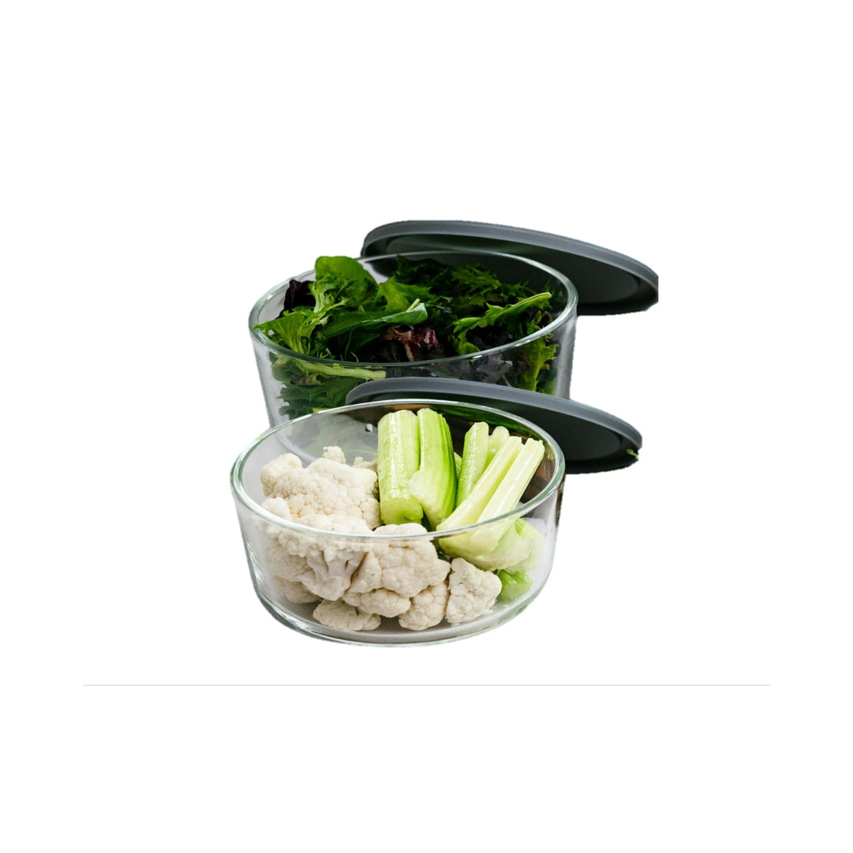 Set of four Dura Living round glass storage containers with grey lids, 6.55 cups (52.4 oz) capacity, made of durable glassware.