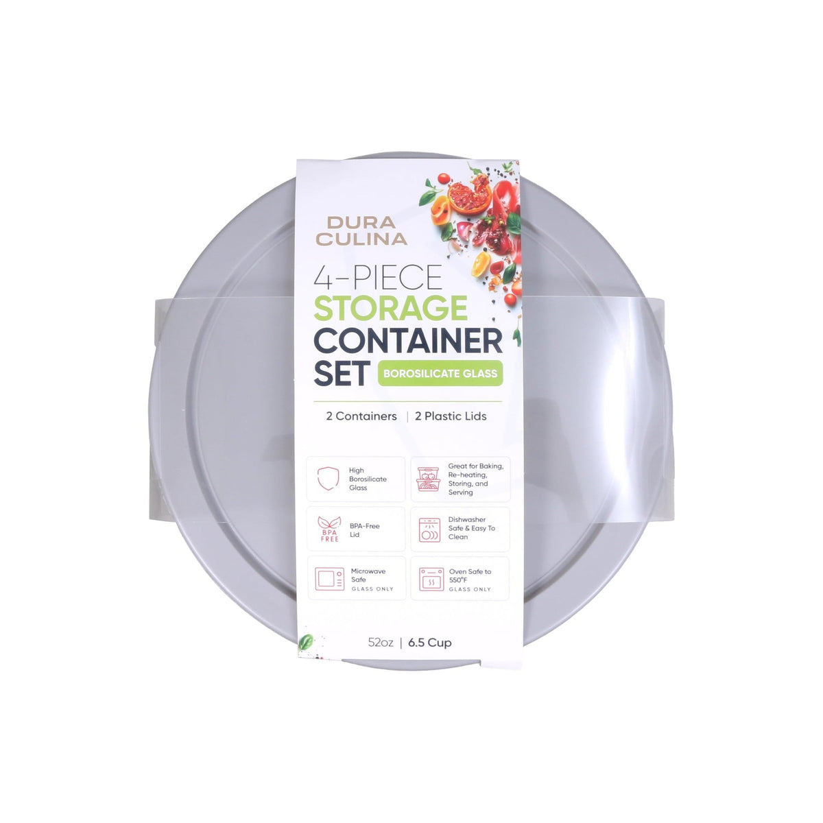 Set of four Dura Living round glass storage containers with grey lids, 6.55 cups capacity, perfect for kitchen organization.