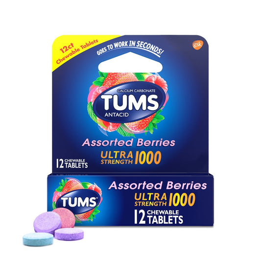 Tums Chewable Antacid Tablets For Extra Strength Heartburn Relief, Assorted Berries Flavors - 8 Count Roll