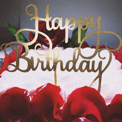 English “Happy Birthday” cake flag cake insert on a decorative pick