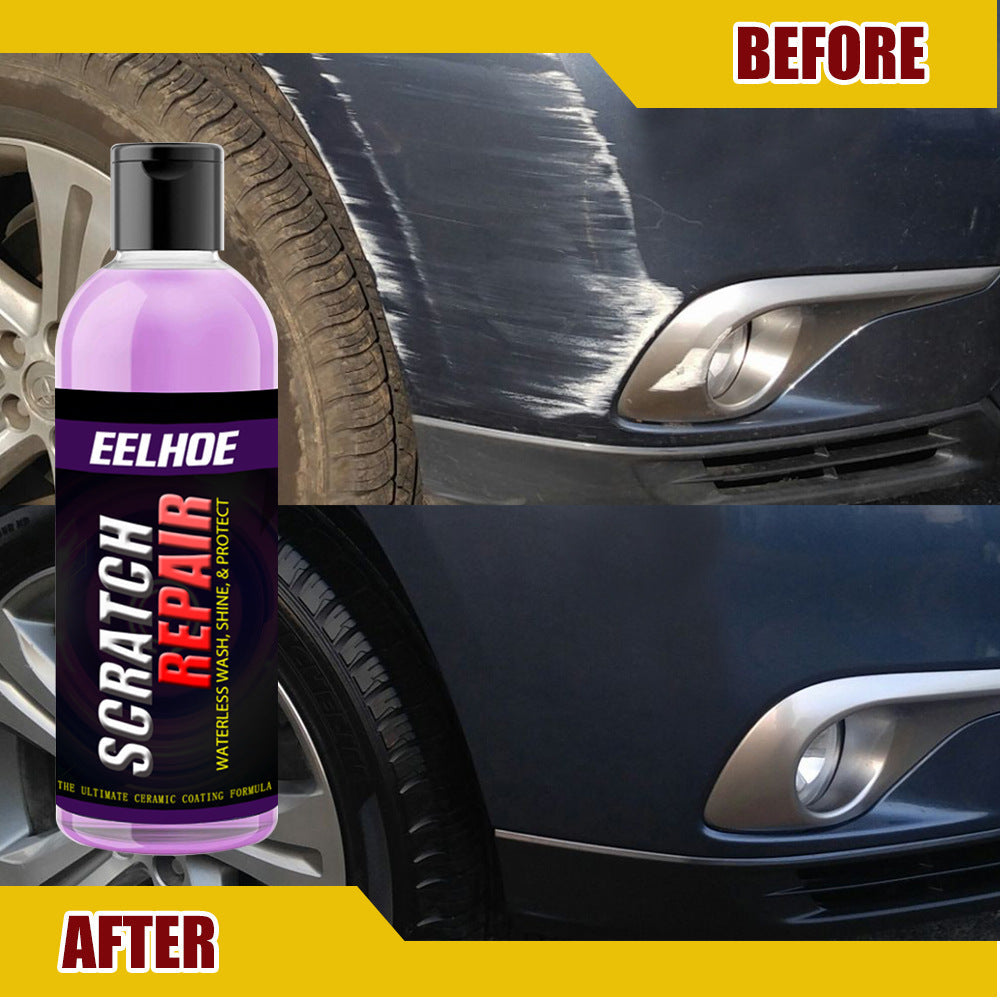 Car scratch repair fluid liquid in a bottle for restoring scratched vehicle paint.