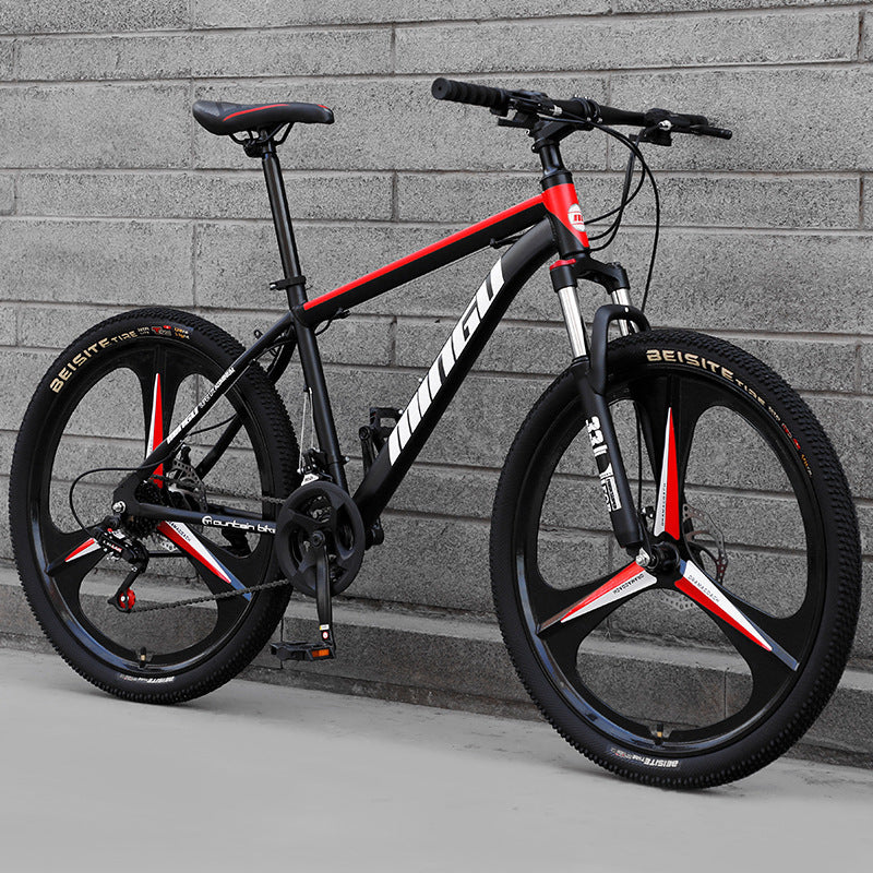 Mountain bike bicycle with disc brakes, shock absorption, and variable speed gears for men and women