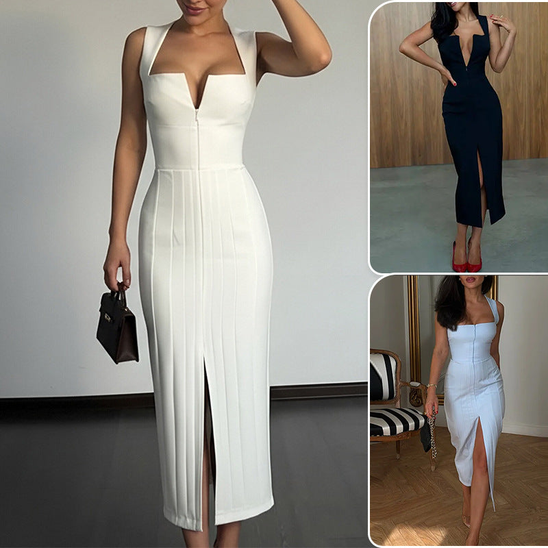 Solid-color slit sheath dress for women, front view