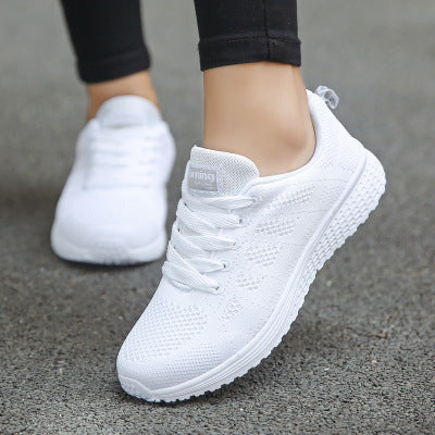 Women's white breathable mesh walking sneakers, casual flat shoes with a lightweight fashion design