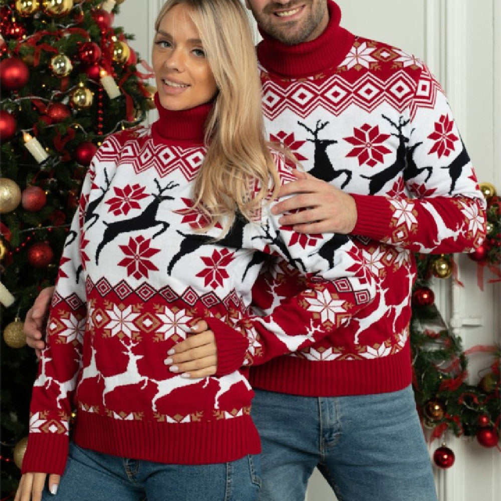 Women's Christmas elk jacquard long-sleeve turtleneck sweater in couple wear design