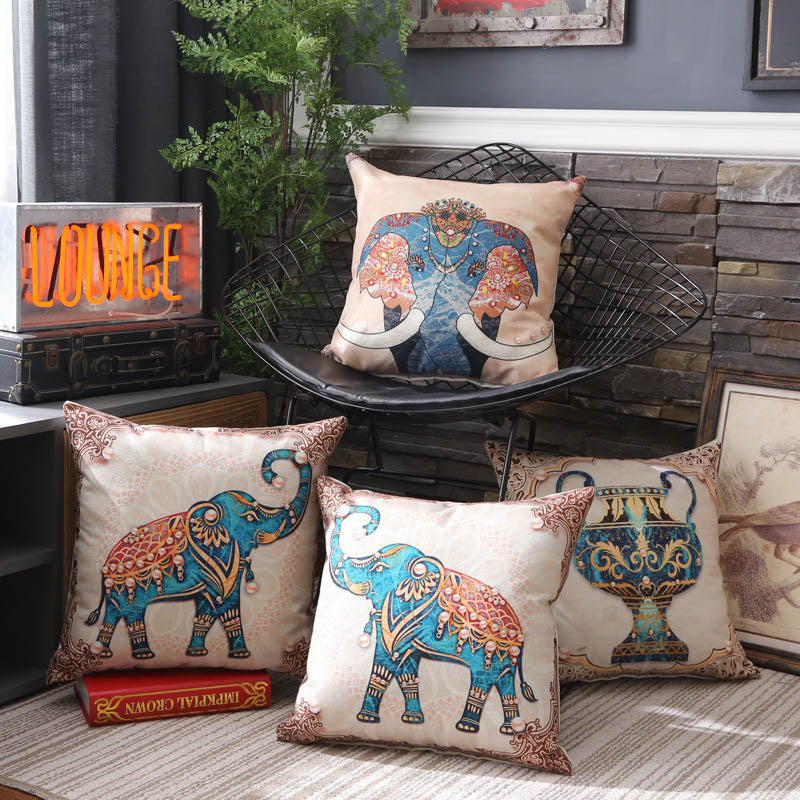 Elephant pillow cushion cover with detailed elephant design in soft neutral tones