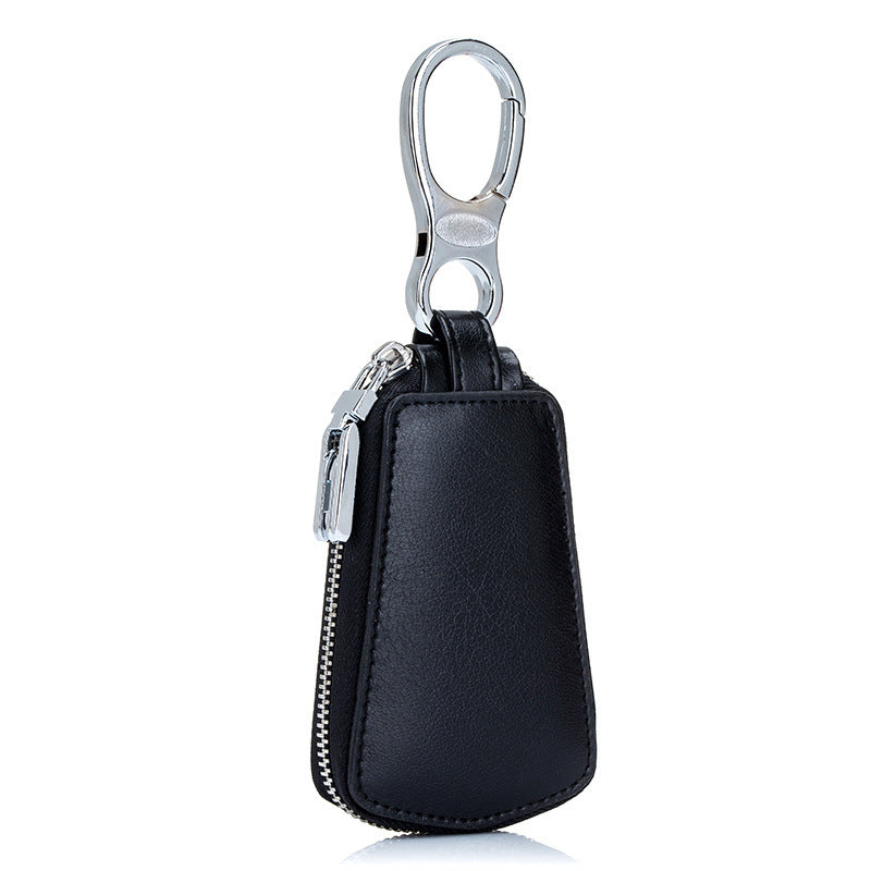 Leather car key case with zipper waistband, viewed from the front
