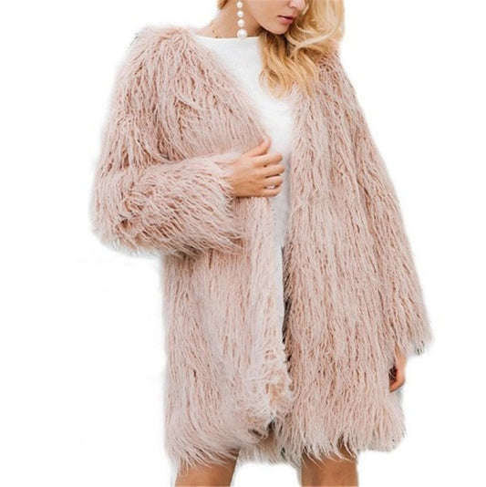 Mid-length New Haining fur coat in a classic style, displayed on a white background