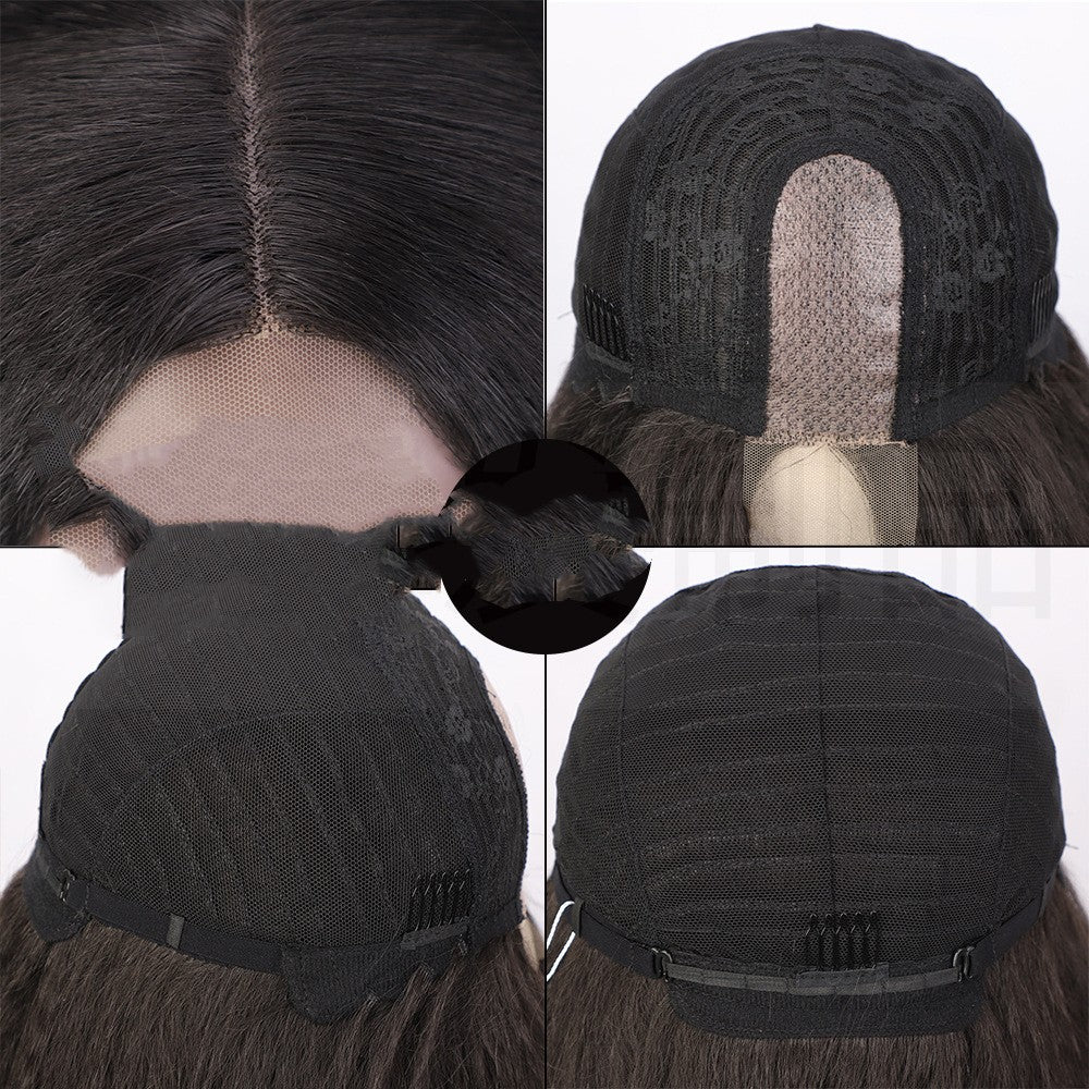 European and American women's lace wig, long natural-looking hair in a realistic front-facing style