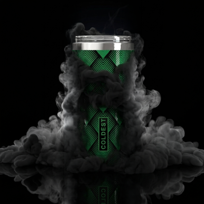 Coldest 20 oz Tumbler v2 in green with dragon design, hydration bottle for keeping beverages cold or hot.
