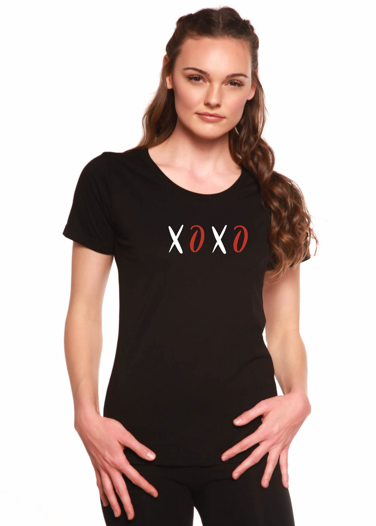 Spun Bamboo XOXO women's bamboo scoop neck graphic T-shirt with printed design and short sleeves, casual and comfortable.