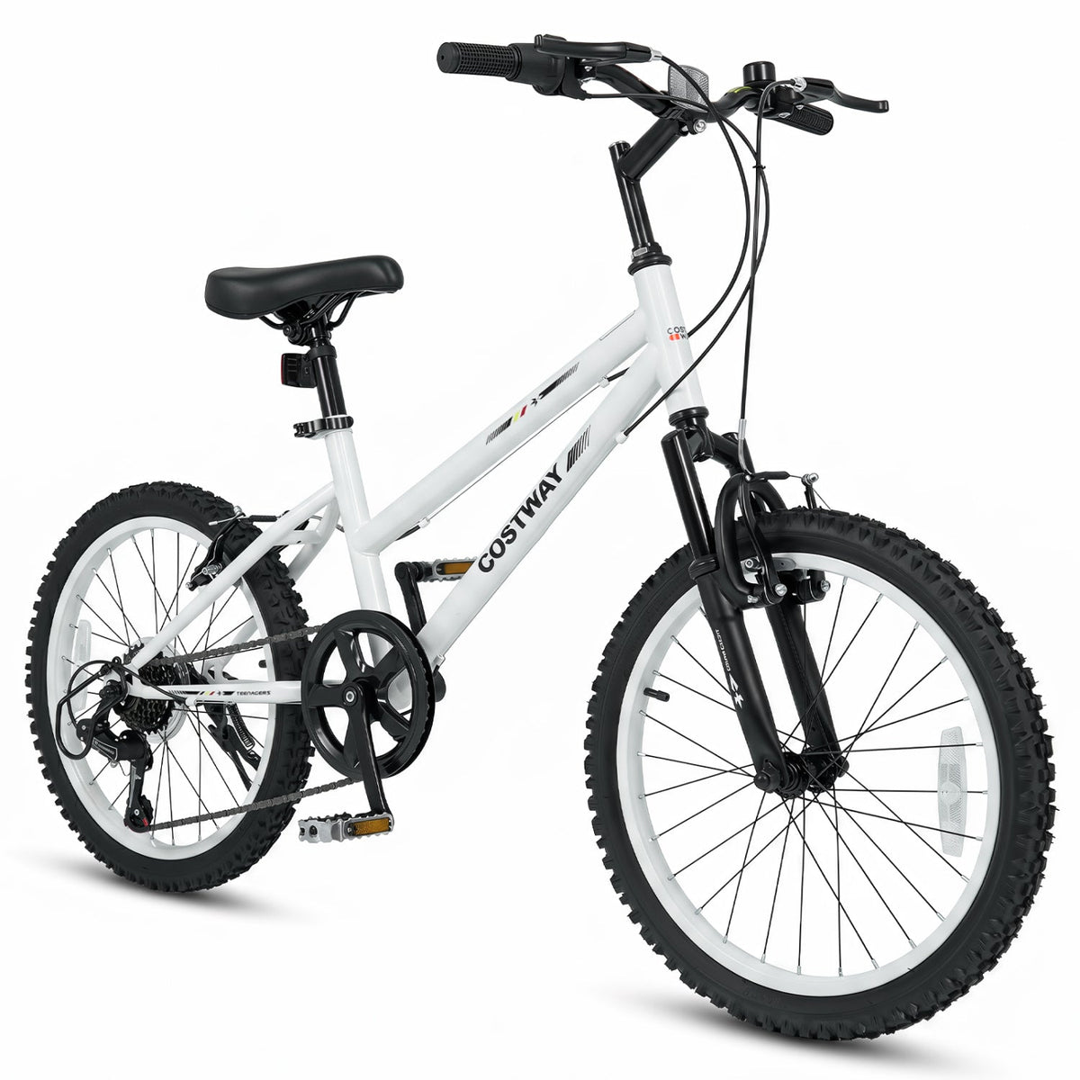 20-inch kids mountain bike with adjustable seat, black frame and colorful handlebar grips, designed for young riders.