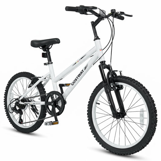 Kids mountain bike with 20-inch wheels, adjustable seat, blue frame, and training wheels for young riders.