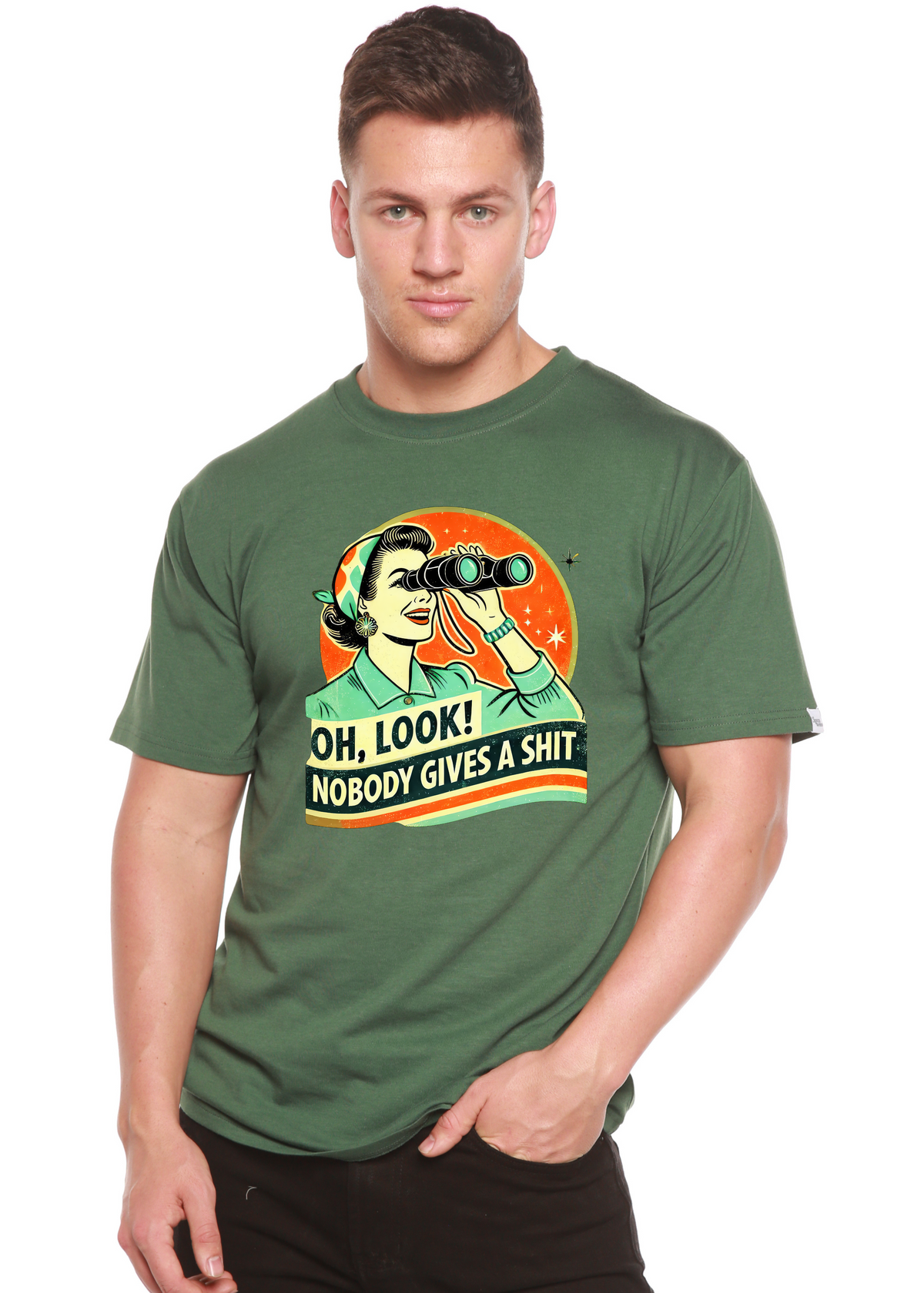 Unisex bamboo cotton graphic T-shirt with retro funny woman print, men's printed T-shirt by Spun Bamboo, casual and stylish top