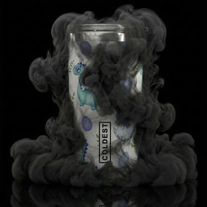 Coldest 20 oz Tumbler v2 hydration bottle featuring a playful baby dinosaur design on a colorful background.
