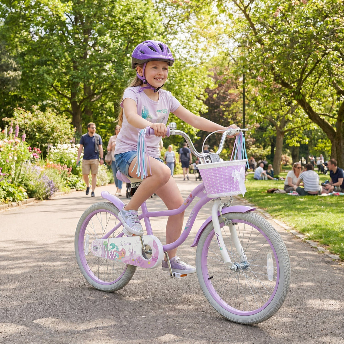 Purple kids bike with 20-inch wheels, training wheels, and front basket, perfect for young children learning to ride.