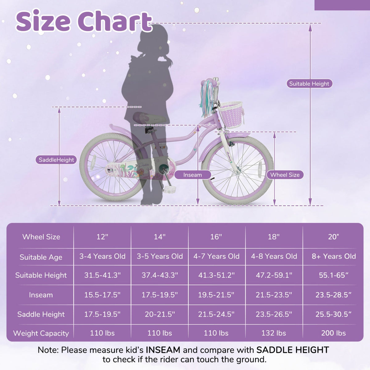 Purple kids bike with 12-20 inch wheels, training wheels, and front basket, designed for young children.