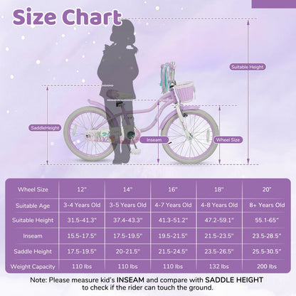 Purple kids bike with 12-20 inch wheels, training wheels, and front basket, designed for young children.