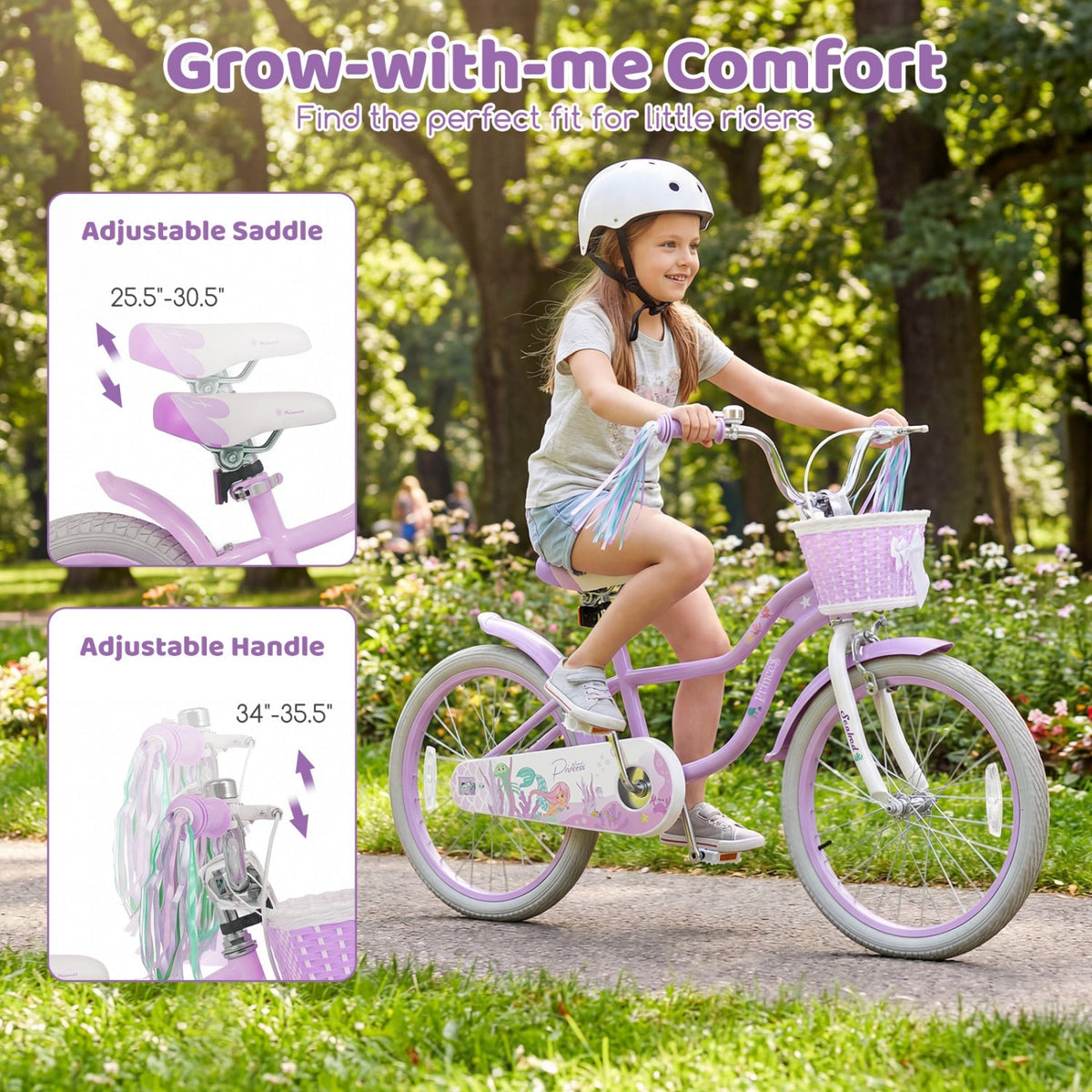 Purple kids bike for ages 12-20 inches with training wheels and front basket, suitable for young children.