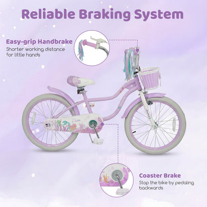 Purple kids bike with 20-inch wheels, training wheels, and front basket, designed for young children by GBruno Store.