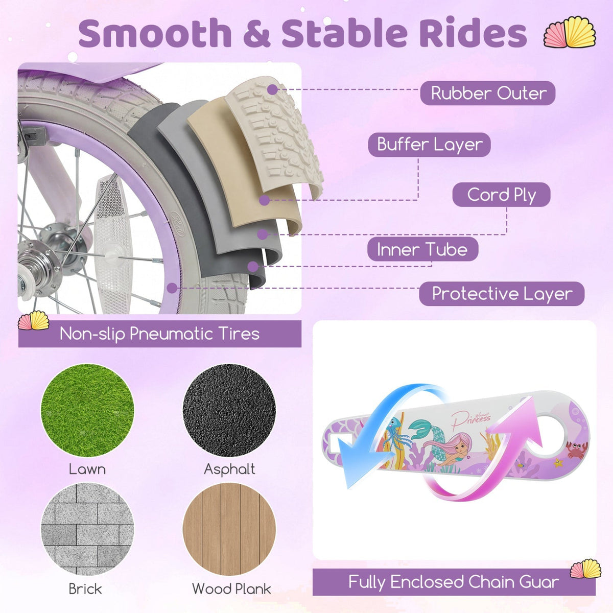 Purple kids bike with 12-20 inch wheels, training wheels, and front basket, ideal for young children learning to ride.