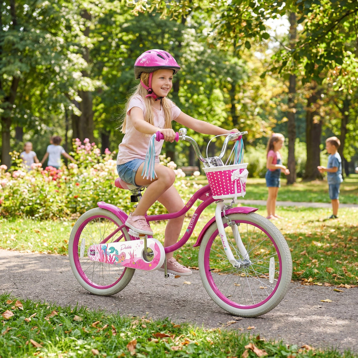 Kids bike by GBruno Store, 18-inch size in rose red with training wheels and front basket, suitable for young children.