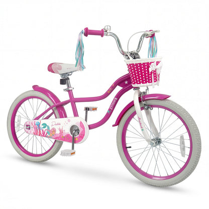 Pink and red 18-inch kids bike with training wheels and front basket, perfect for young children learning to ride.