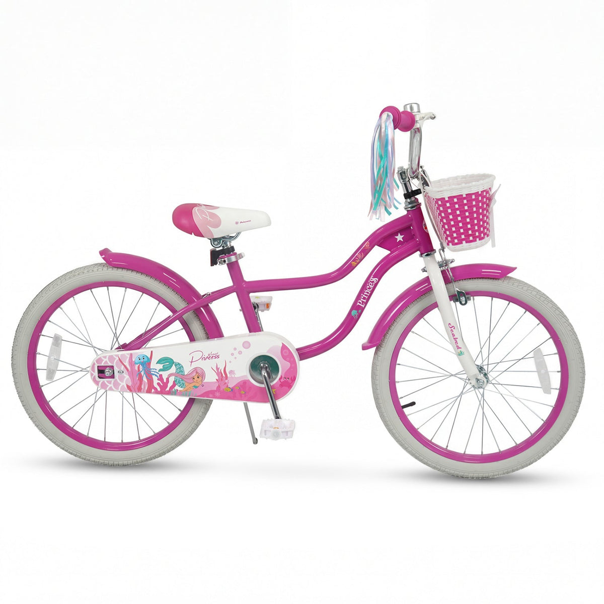 Rose red kids bike with 18-inch wheels, training wheels, and a front basket, ideal for young children learning to ride.