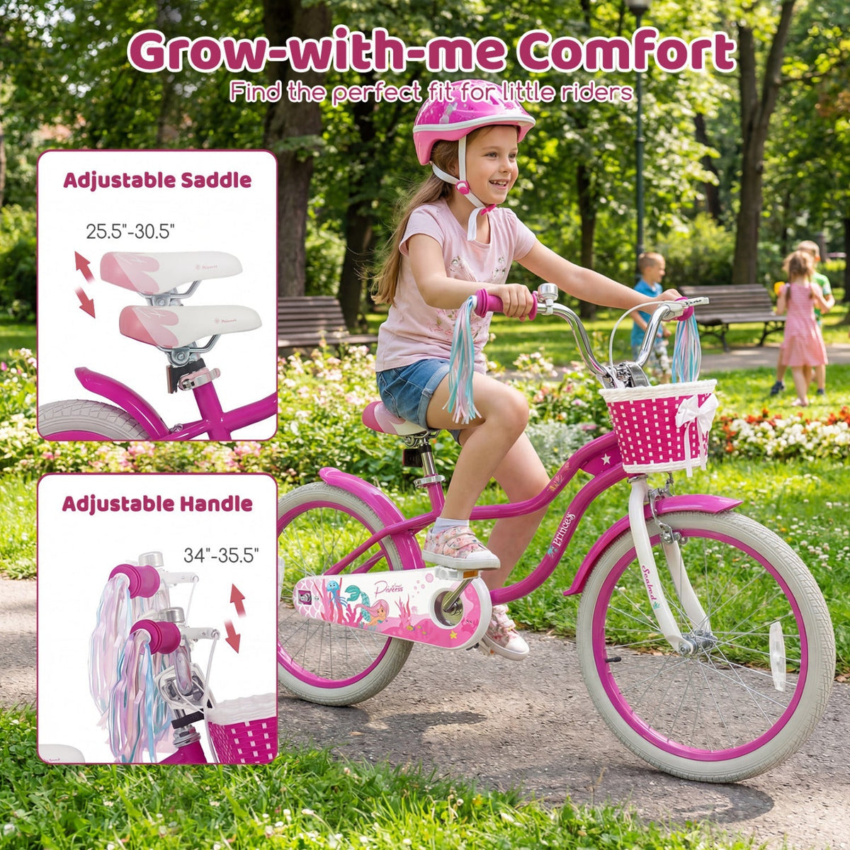 Pink kids bike with 18-inch wheels, training wheels, and a front basket, designed for children from GBruno Store.