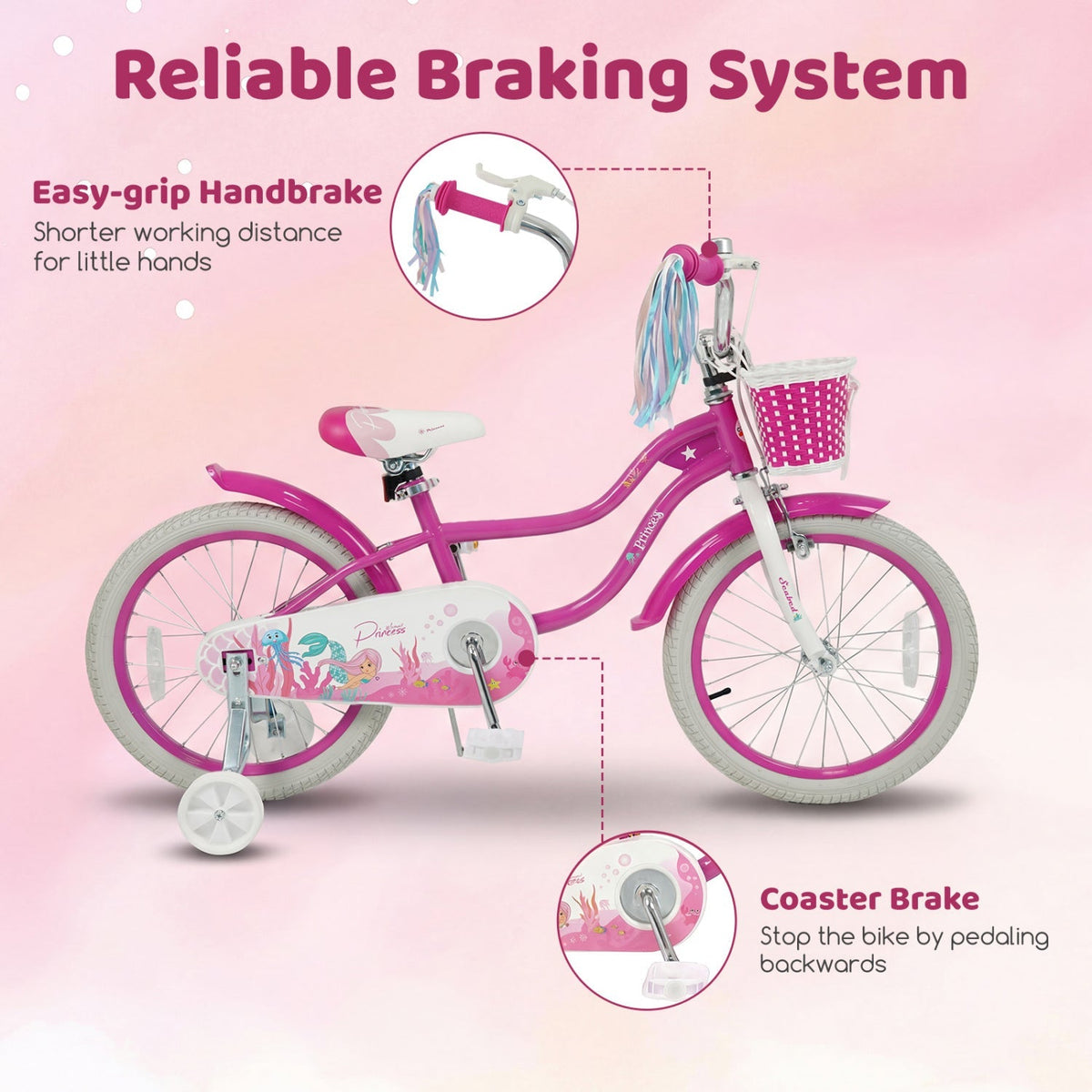 Pink 18-inch kids bike with training wheels and front basket, GBruno Store, perfect for young children learning to ride.