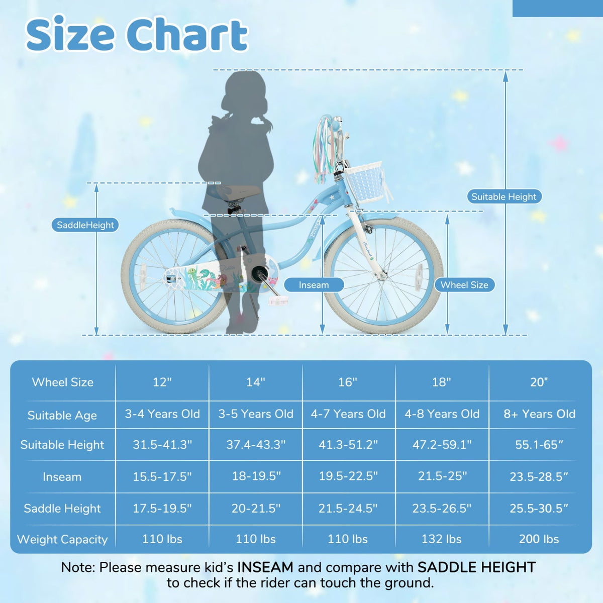 Kids bike by GBruno Store with 12-20 inch wheels, training wheels, and a front basket, suitable for young children.