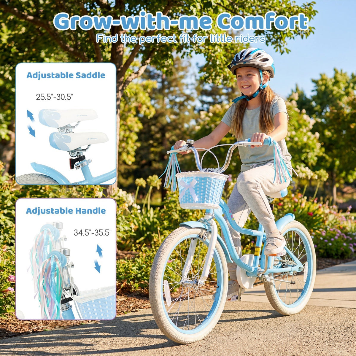 20-inch kids bike with training wheels and basket, featuring colorful frame and sturdy tires for young children learning to ride.