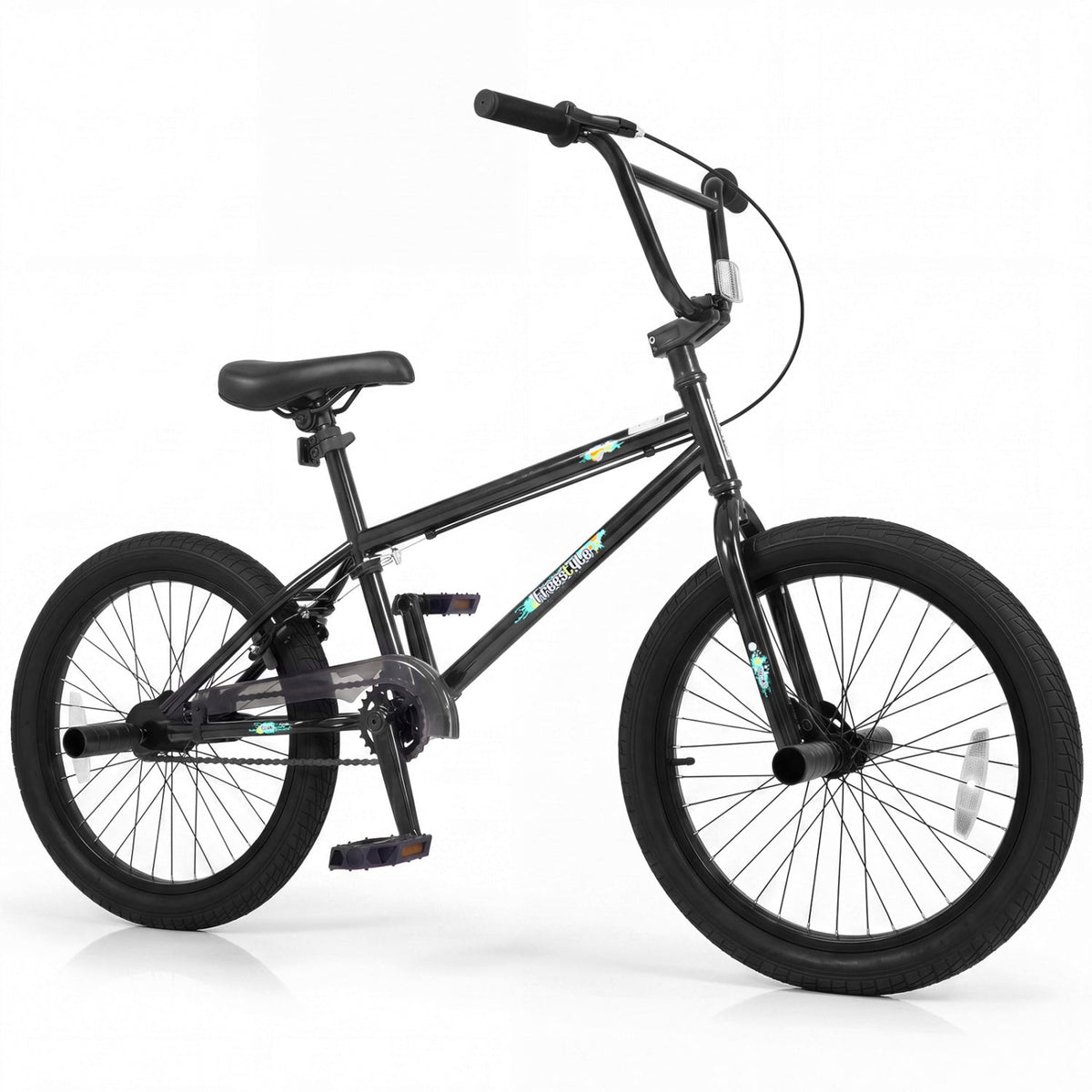 20-inch BMX trick bike with 360° steering for kids and teens, featuring sturdy frame and colorful design, ideal for stunts and riding.