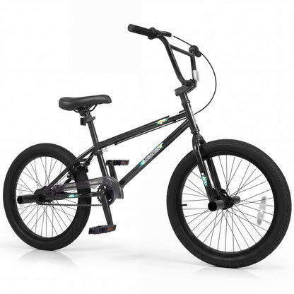 20-inch BMX trick bike with 360° steering for kids and teens, featuring sturdy frame and colorful design, ideal for stunts and riding.