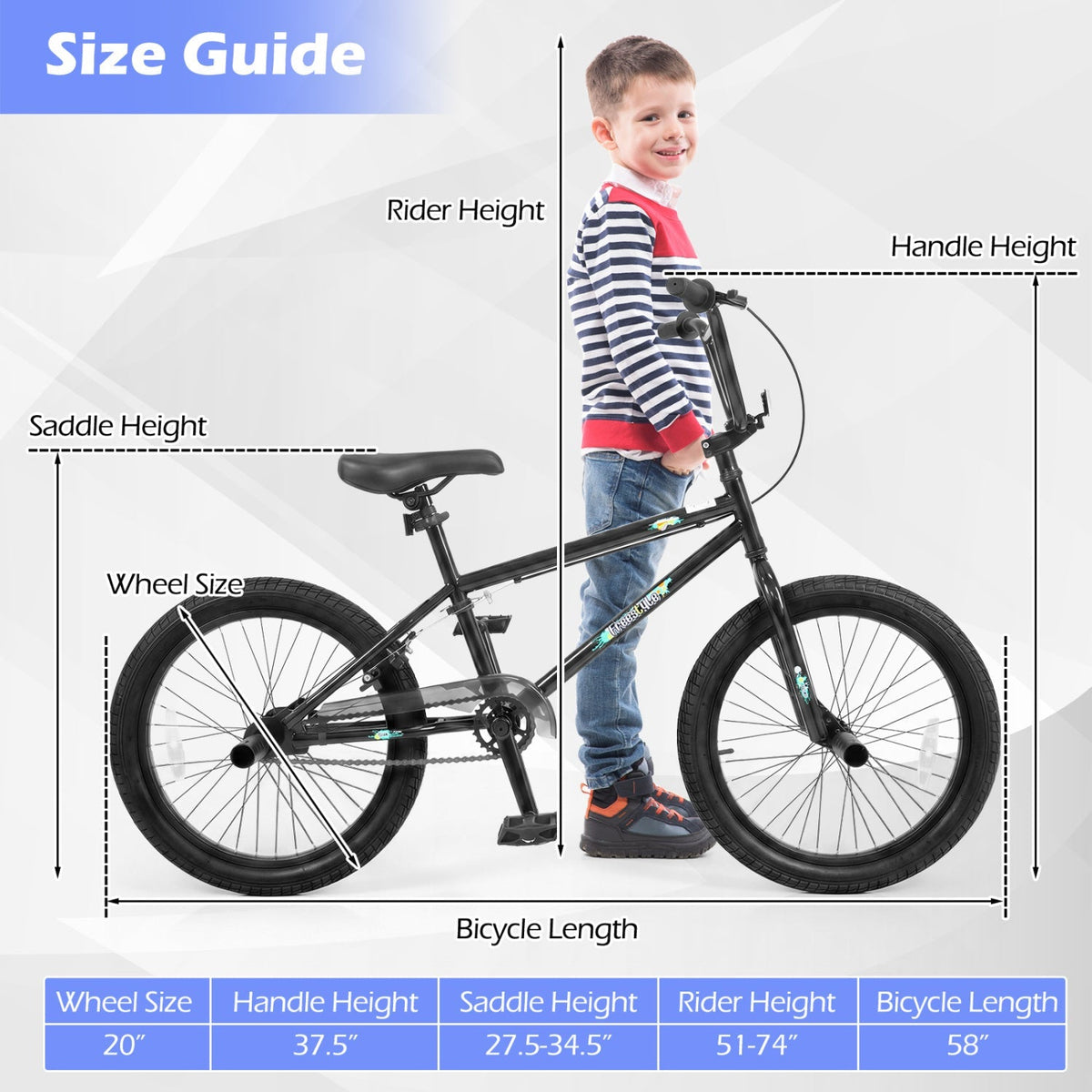 20-inch BMX trick bike with 360° steering for kids and teens, featuring a sturdy frame and colorful handlebar grips.