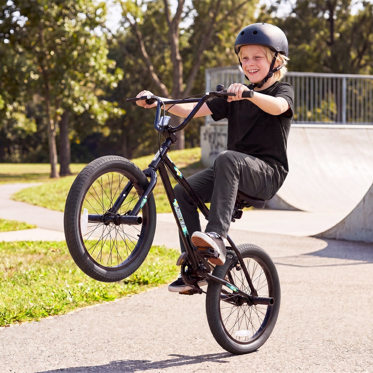 20-inch BMX trick bike with 360° steering for kids and teens, featuring colorful frame and sturdy wheels.