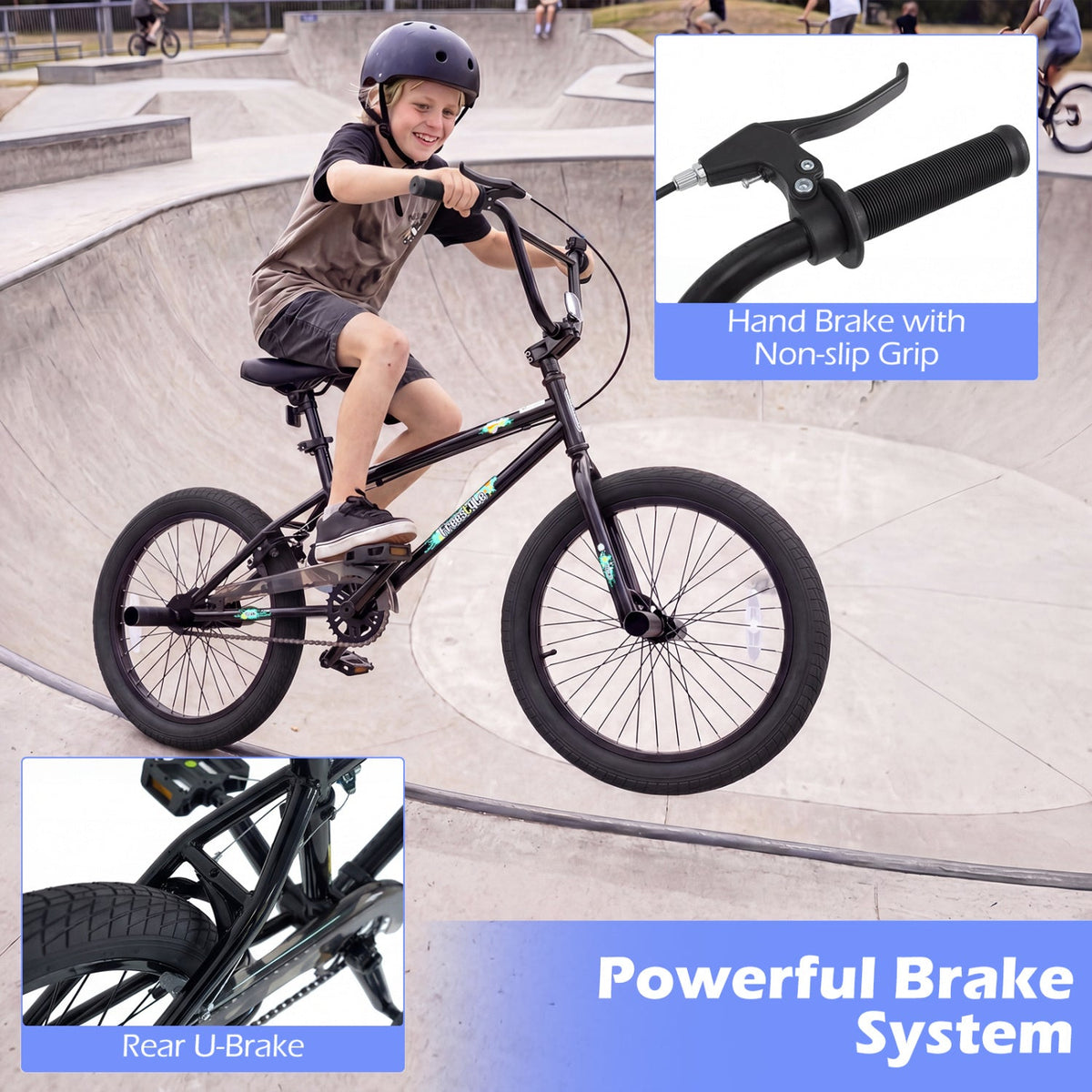 20-inch BMX trick bike with 360° steering for kids and teens, featuring a sturdy frame and colorful design.