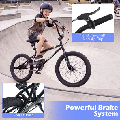 20-inch BMX trick bike with 360° steering for kids and teens, featuring a sturdy frame and colorful design.