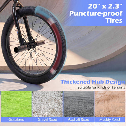 20-inch BMX trick bike with 360° steering, featuring sturdy frame and colorful design for kids and teens riding and performing tricks.