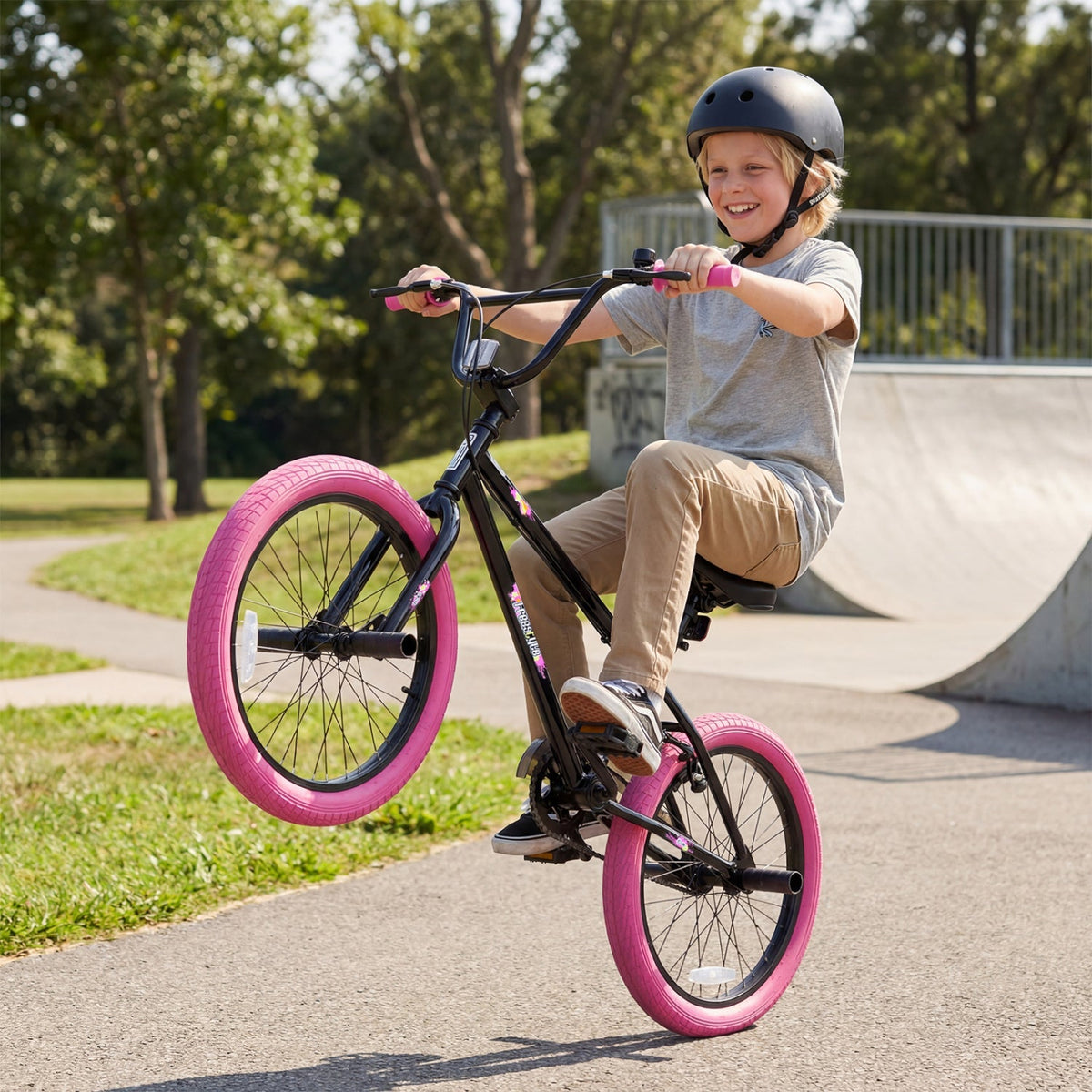 20-inch trick bicycle for kids and teens with 360-degree steering and adjustable seat, featuring a sturdy frame and colorful design.