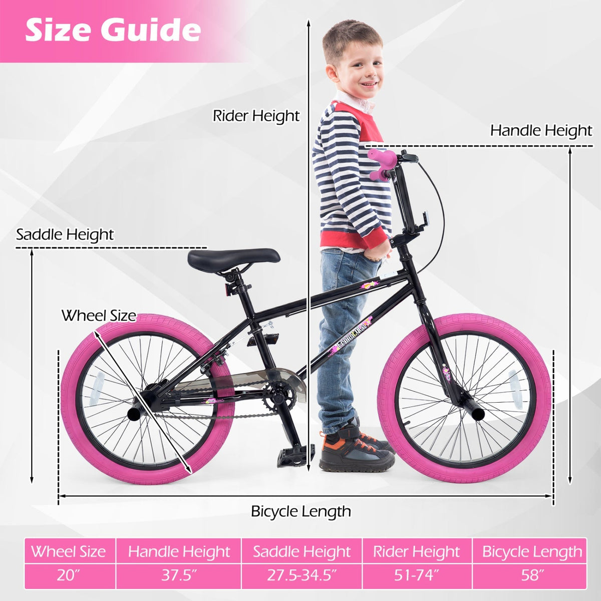 20-inch trick bicycle by GBruno with 360-degree steering and adjustable seat, suitable for kids and teens.