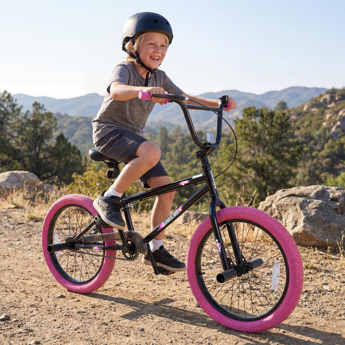 20-inch trick bicycle with 360-degree steering and adjustable seat, designed for kids and teens, featuring colorful handlebars and durable wheels