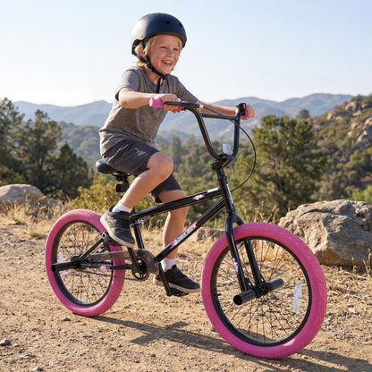 20-inch trick bicycle with 360-degree steering and adjustable seat, designed for kids and teens, featuring colorful handlebars and durable wheels