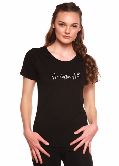 Spun Bamboo Heartbeat Coffee printed women's bamboo and cotton short sleeve scoop neck t-shirt, featuring a stylish coffee-themed design.