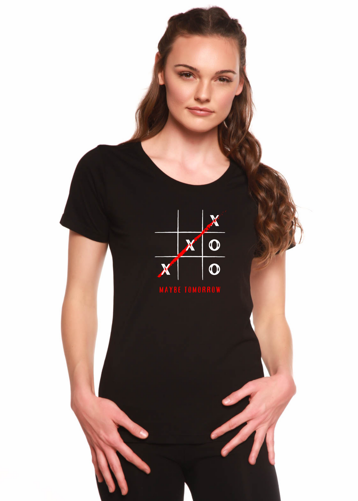 Maybe Tomorrow women's bamboo scoop neck graphic t-shirt with printed design from Spun Bamboo, featuring short sleeves and casual fit.