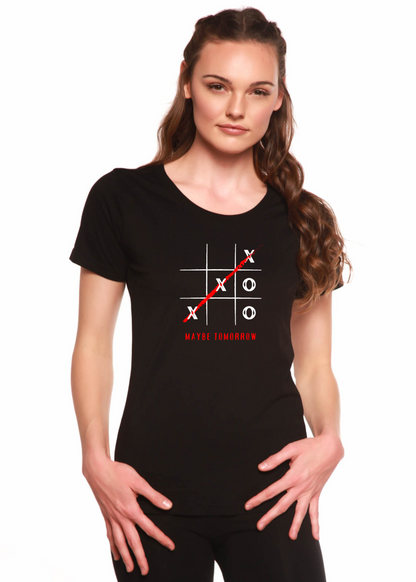 Maybe Tomorrow women's bamboo scoop neck graphic t-shirt with printed design from Spun Bamboo, featuring short sleeves and casual fit.