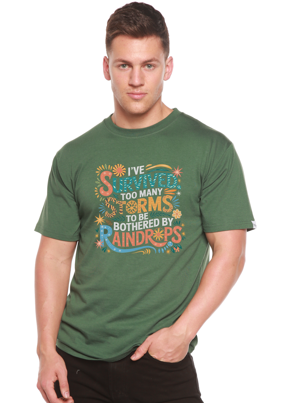 Men's printed graphic T-shirt from Spun Bamboo featuring "I've Survived Too Many Storms" design in unisex bamboo and cotton fabric.