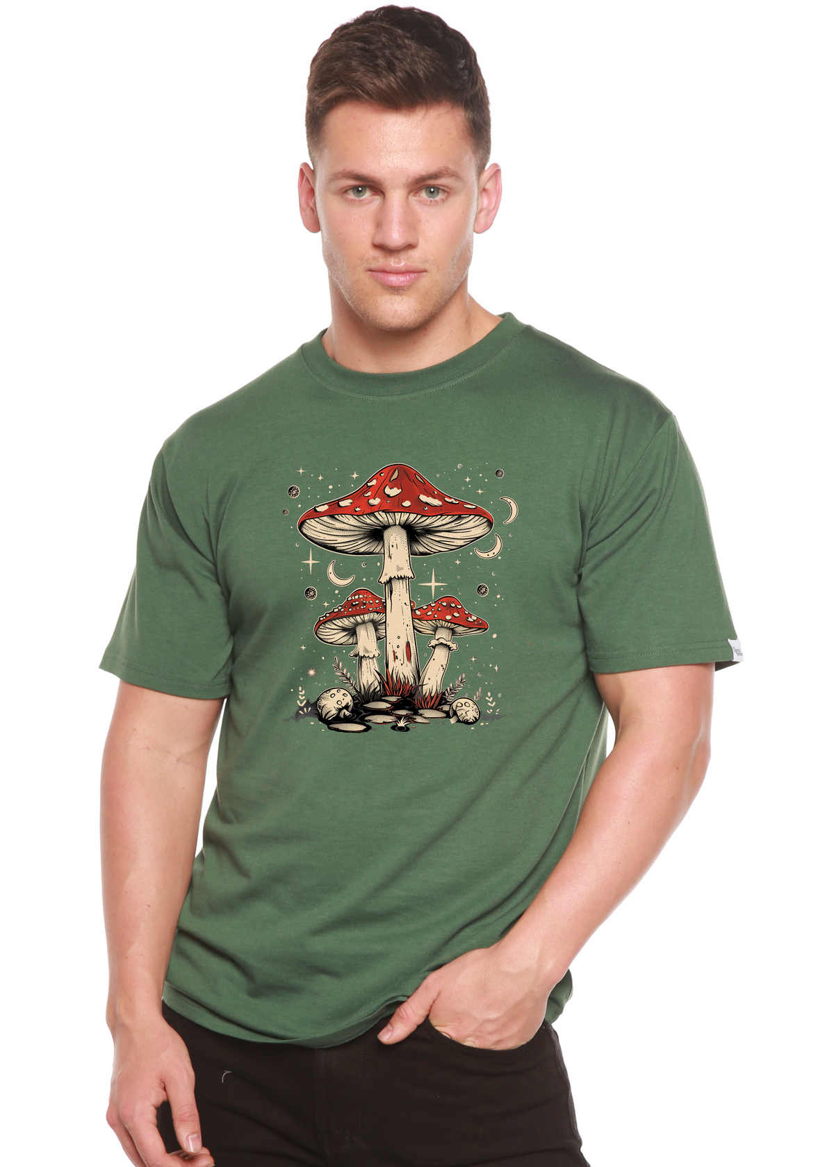Men's printed Boho Retro Hippie Mushrooms T-shirt by Spun Bamboo featuring natural bamboo and cotton fabric with colorful mushroom graphic.